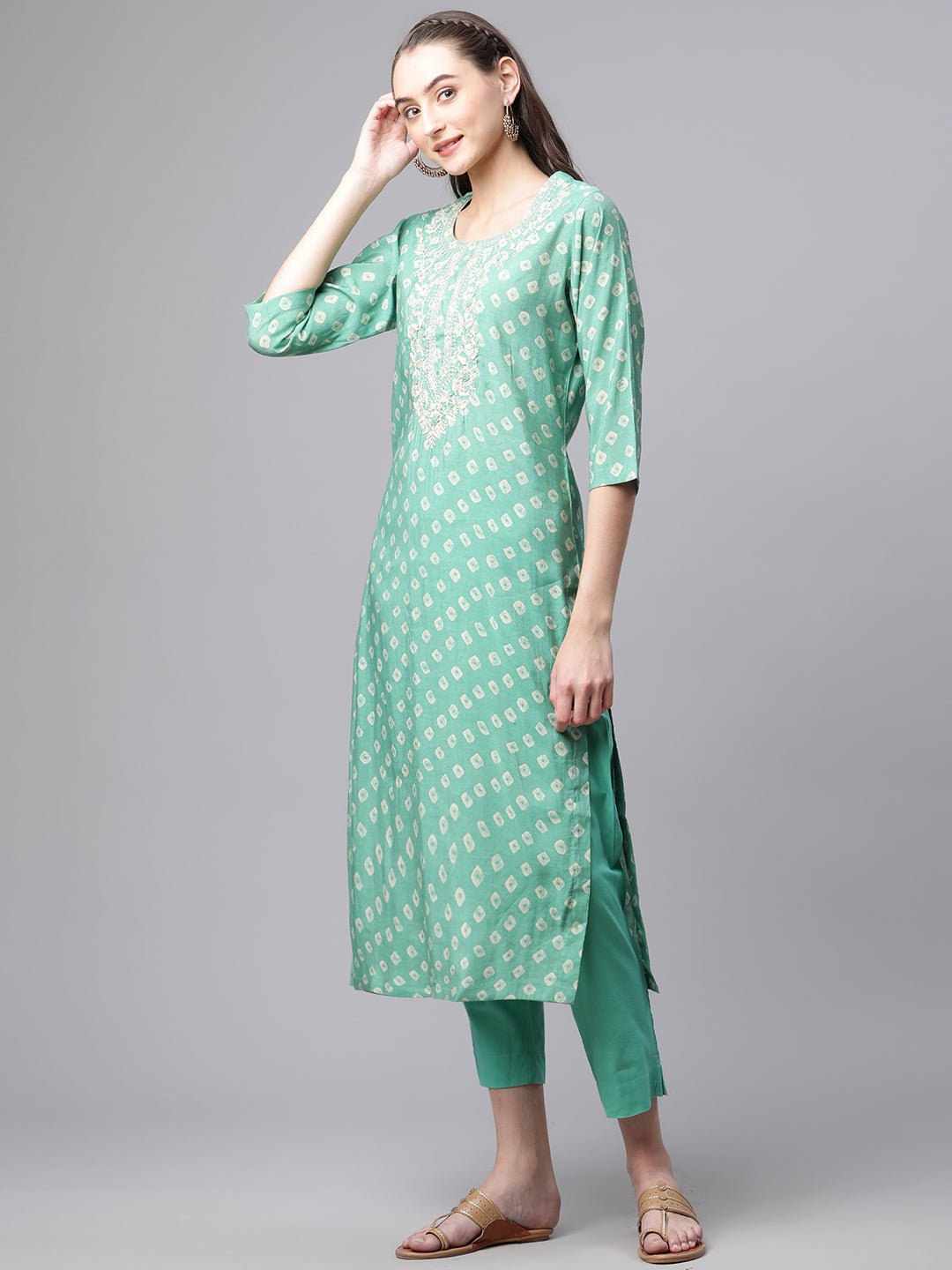 Women Green Floral Print Chanderi Silk Kurta Set - WomensFashionFun.com