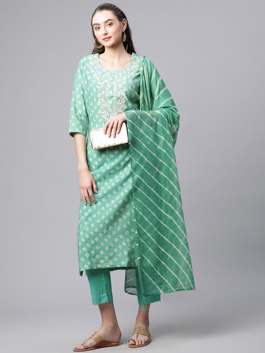 Women Green Floral Print Chanderi Silk Kurta Set - WomensFashionFun.com