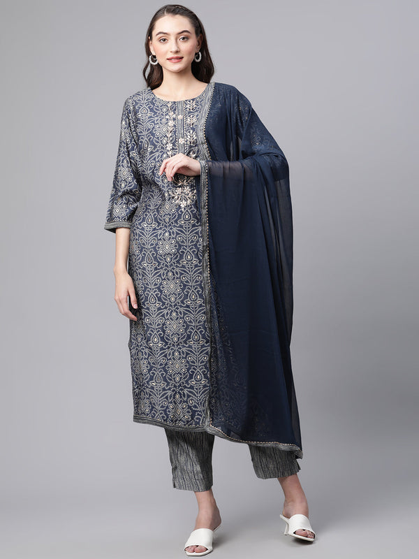 Women Dark Blue Floral Print Cotton Kurta Set - WomensFashionFun.com