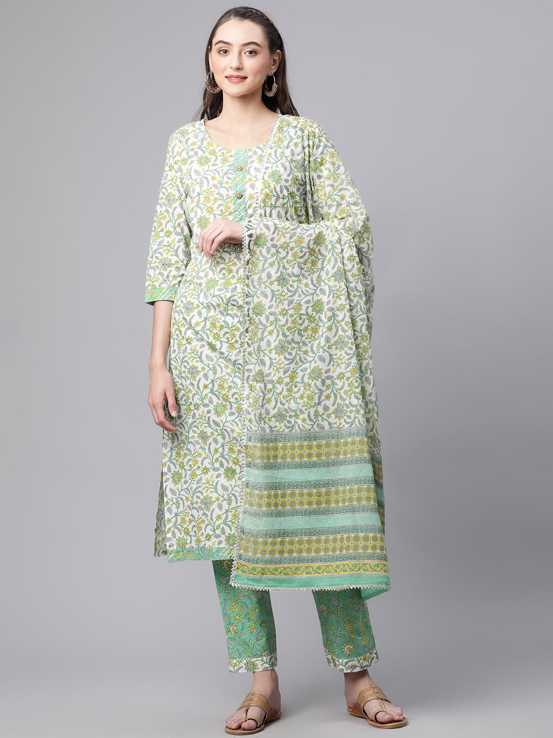 Women White Floral Print Cotton Kurta Set - WomensFashionFun.com