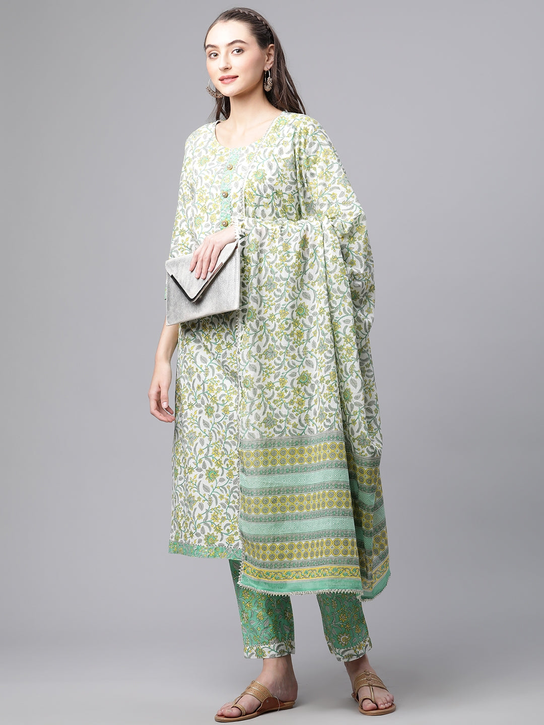 Women White Floral Print Cotton Kurta Set - WomensFashionFun.com