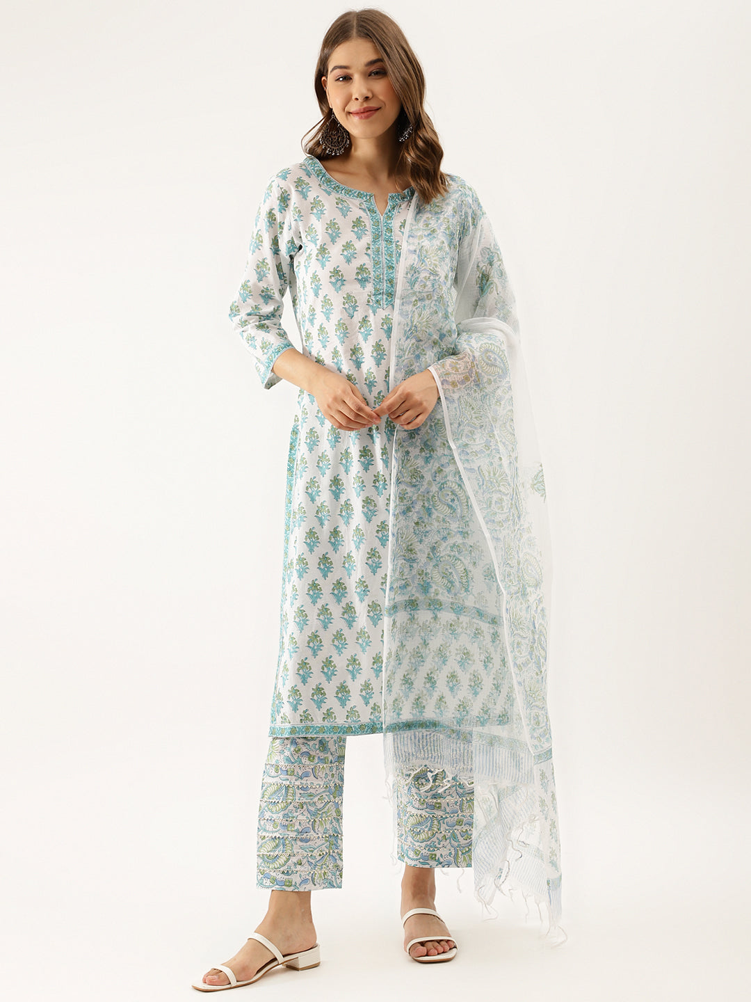 Women White Sea blue Handblock Floral Printed Cotton Kurta Set with Kota Doria Dupatta