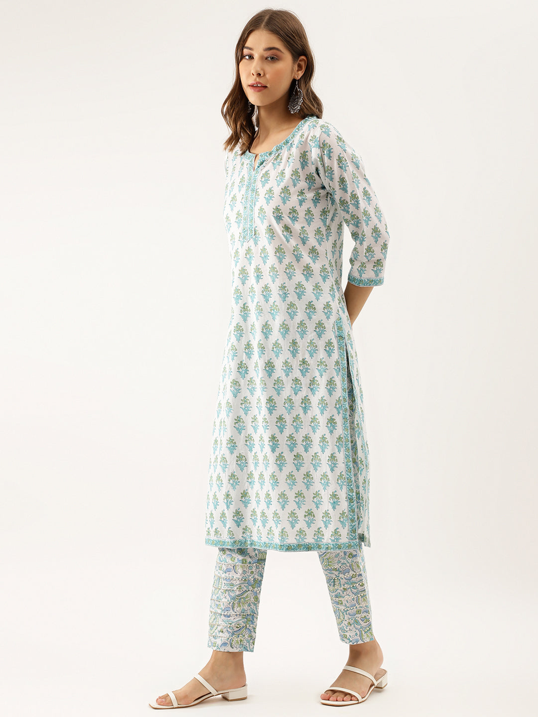 Women White Sea blue Handblock Floral Printed Cotton Kurta Set with Kota Doria Dupatta