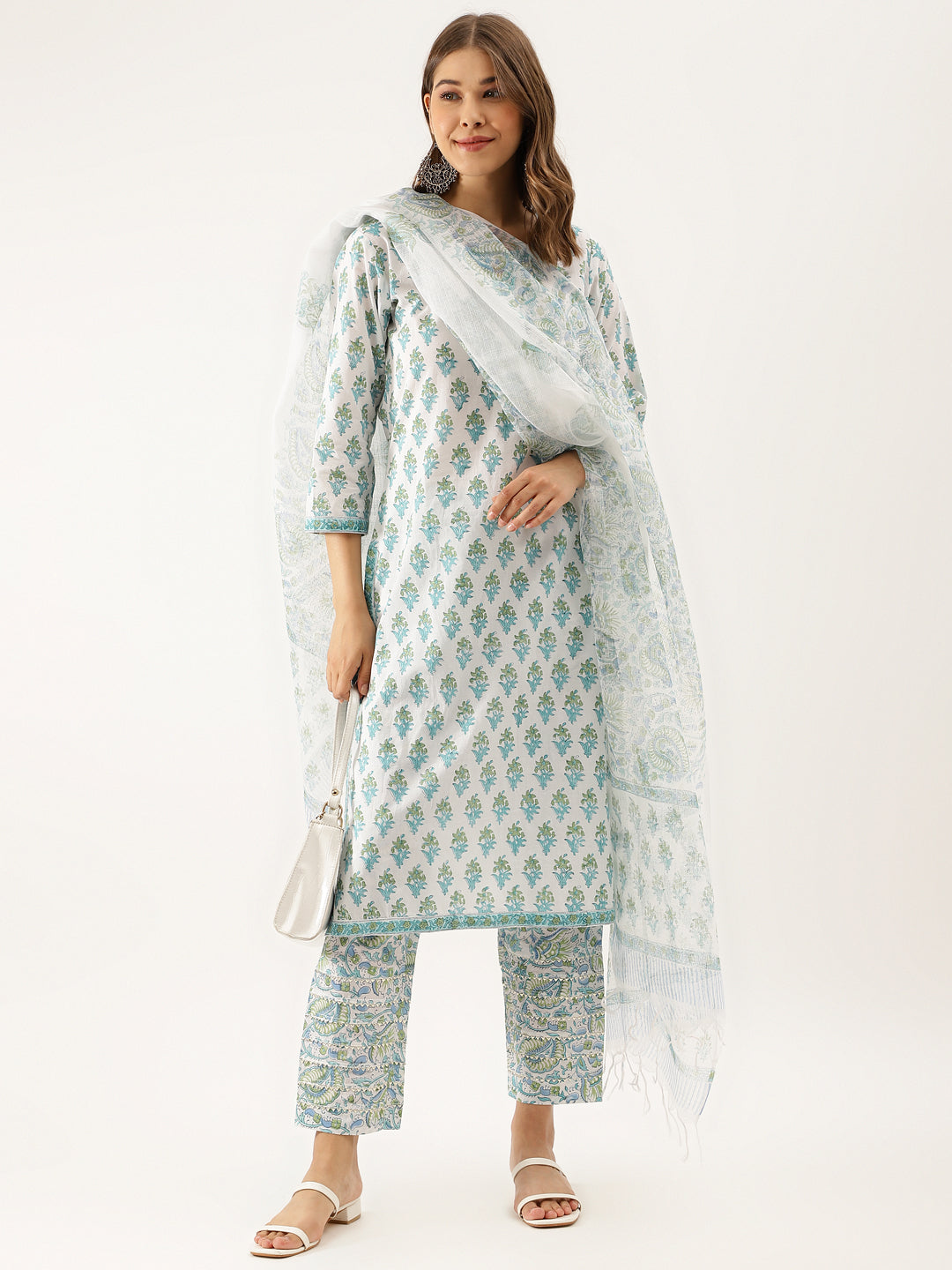 Women White Sea blue Handblock Floral Printed Cotton Kurta Set with Kota Doria Dupatta