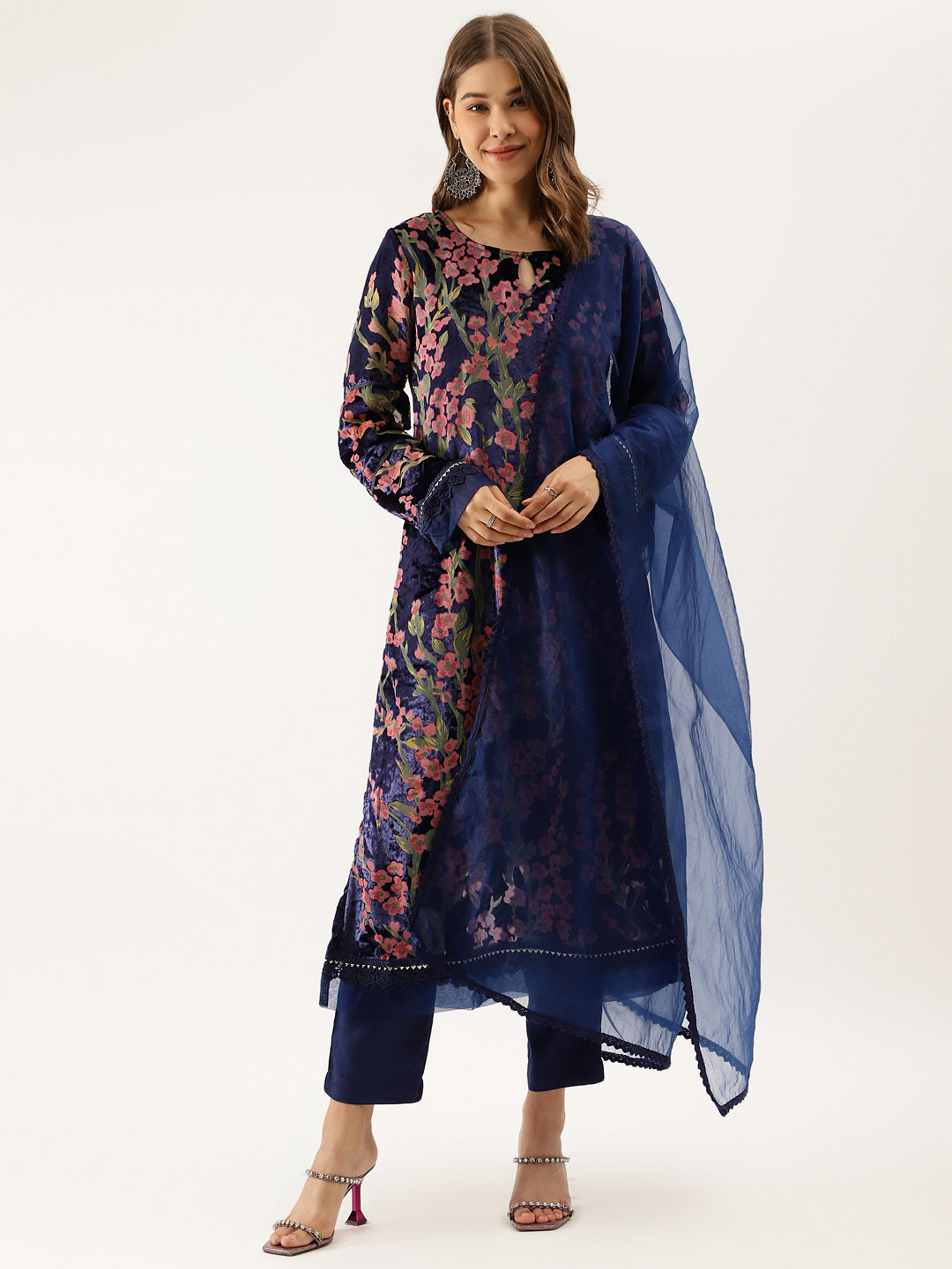 Women Blue Floral Burnout Velvet Kurta Set with Organza Dupatta