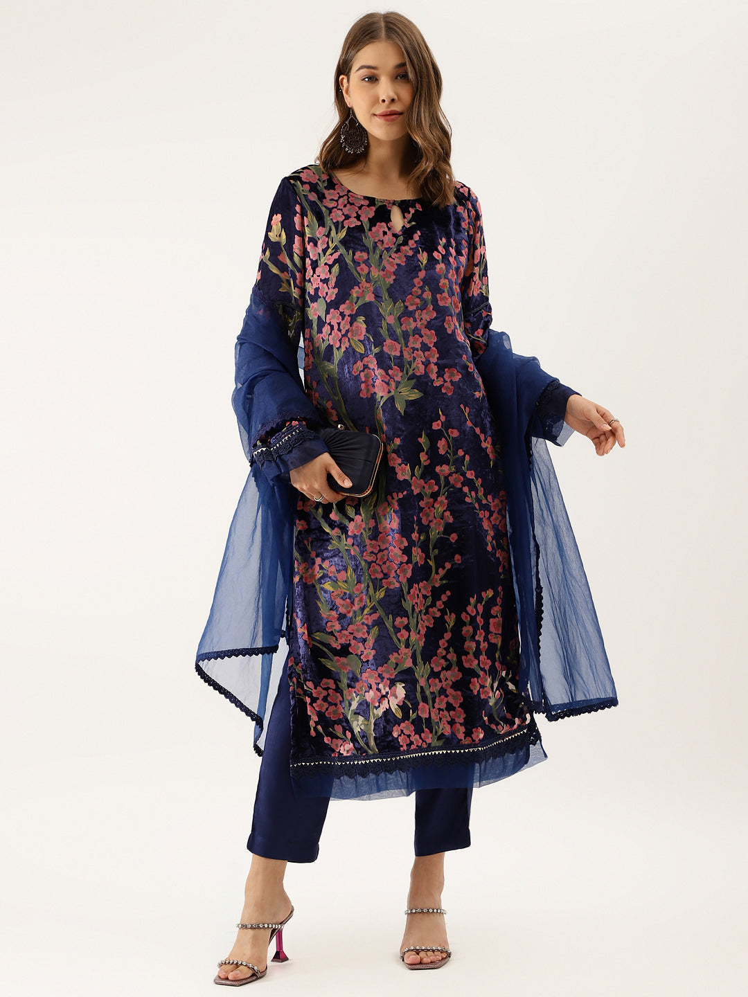 Women Blue Floral Burnout Velvet Kurta Set with Organza Dupatta