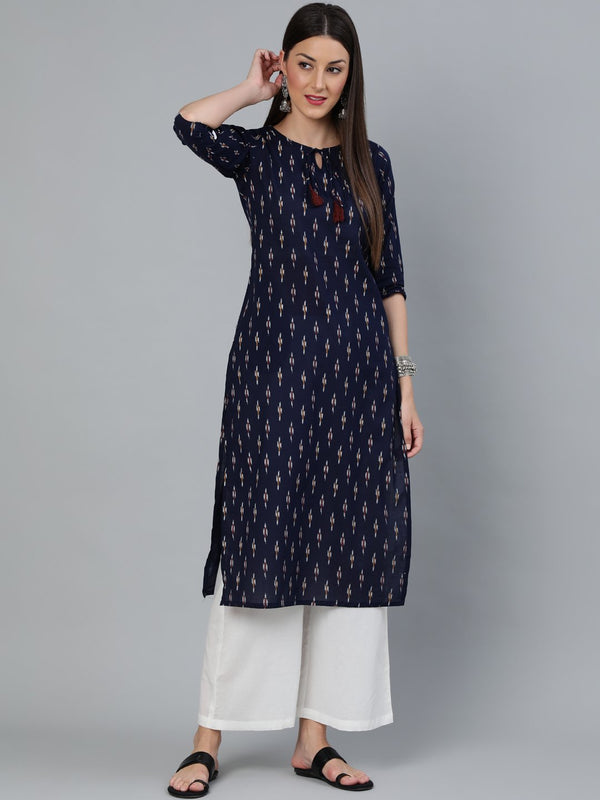 Women Navy Blue Ikat Printed Straight Kurta With Three Quarters Sleeves | womensFashionFun.com