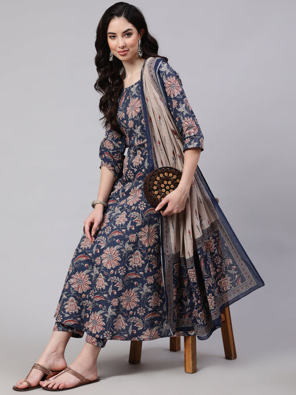 Women Blue Floral Printed Anarkali Kurta With Trouser And Dupatta | womensFashionFun.com