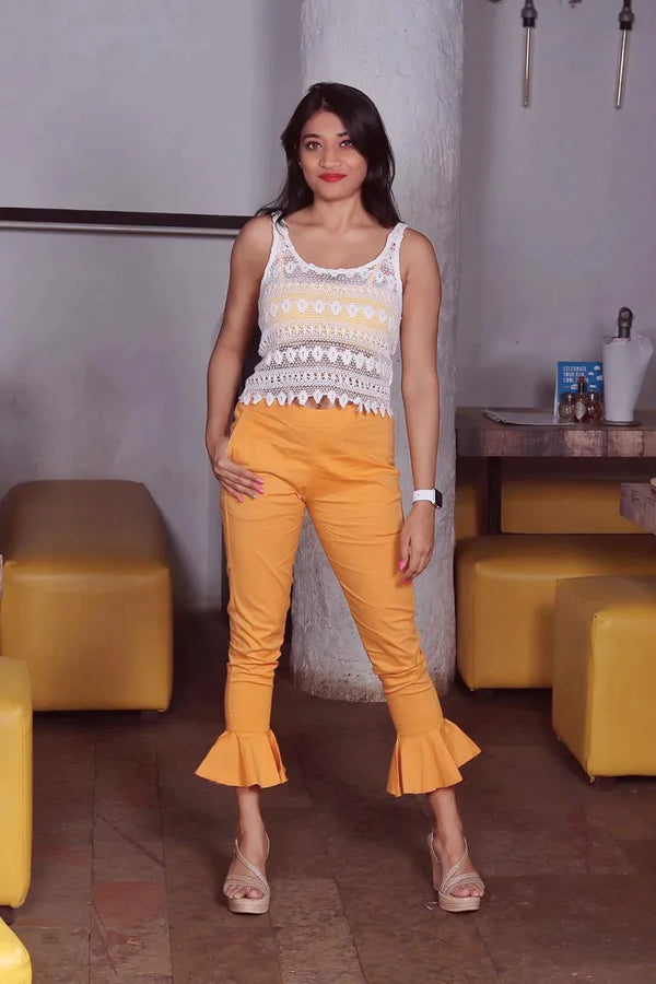 Women Mustard Smart Fit Solid Bottom Flared Trousers | WomensfashionFun.com