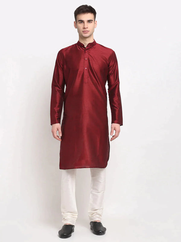 Men's Maroon Solid Dupion Silk Kurta Payjama Set | WomensfashionFun.com