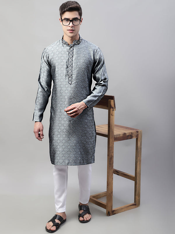 Men's Grey Collar Embroidered Silk Jacquard  Kurta Pyjama | WomensfashionFun.com