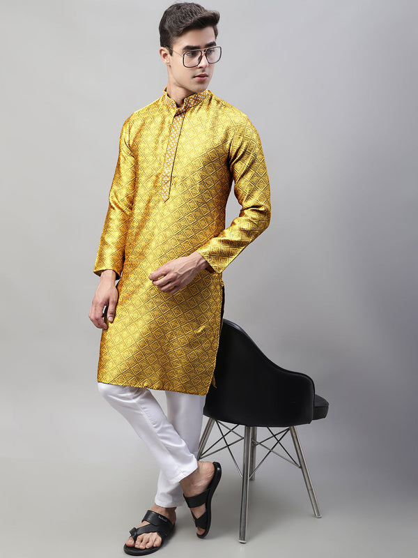 Men's Mustard Collar Embroidered Silk Jacquard  Kurta Pyjama | WomensfashionFun.com