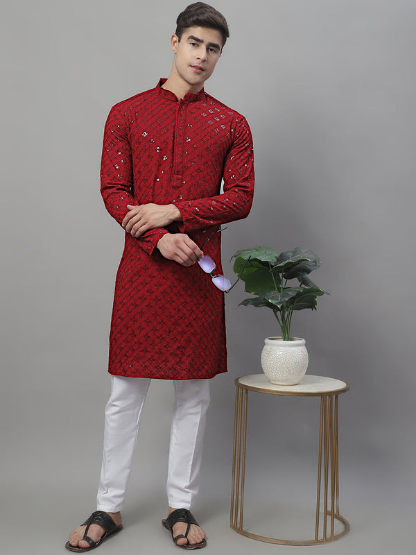 Men's Maroon Chikankari Embroidered and Sequence Kurta with Pyjama. | WomensfashionFun.com