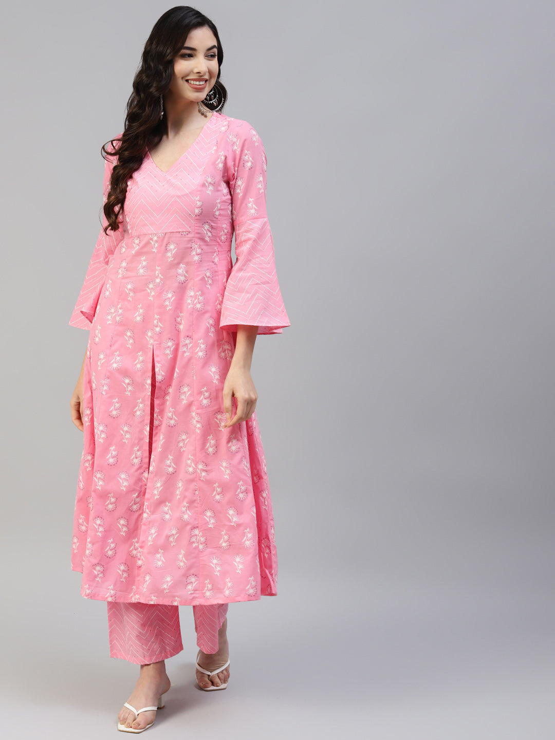 Women Pink Cotton Printed Anarkali Kurta with Palazzo WomensFashionFun.com