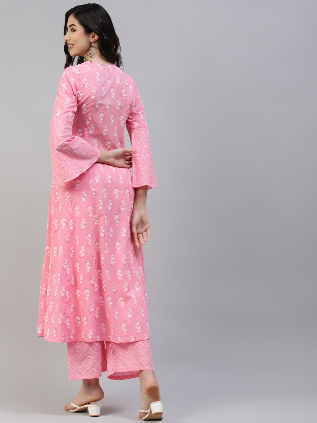 Women Pink Cotton Printed Anarkali Kurta with Palazzo WomensFashionFun.com