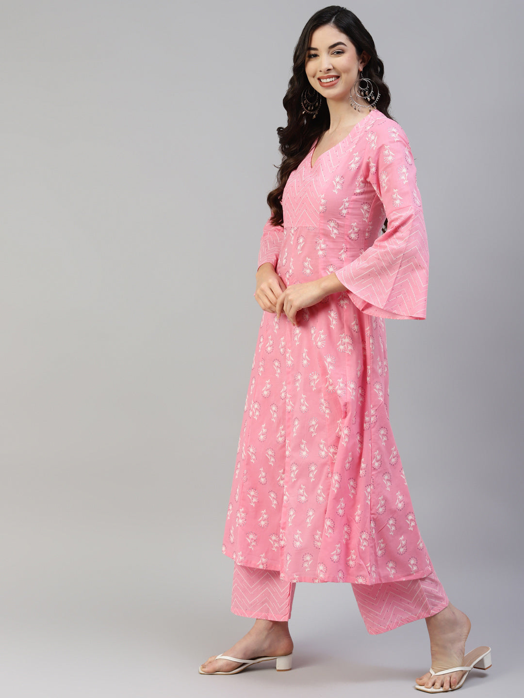 Women Pink Cotton Printed Anarkali Kurta with Palazzo WomensFashionFun.com