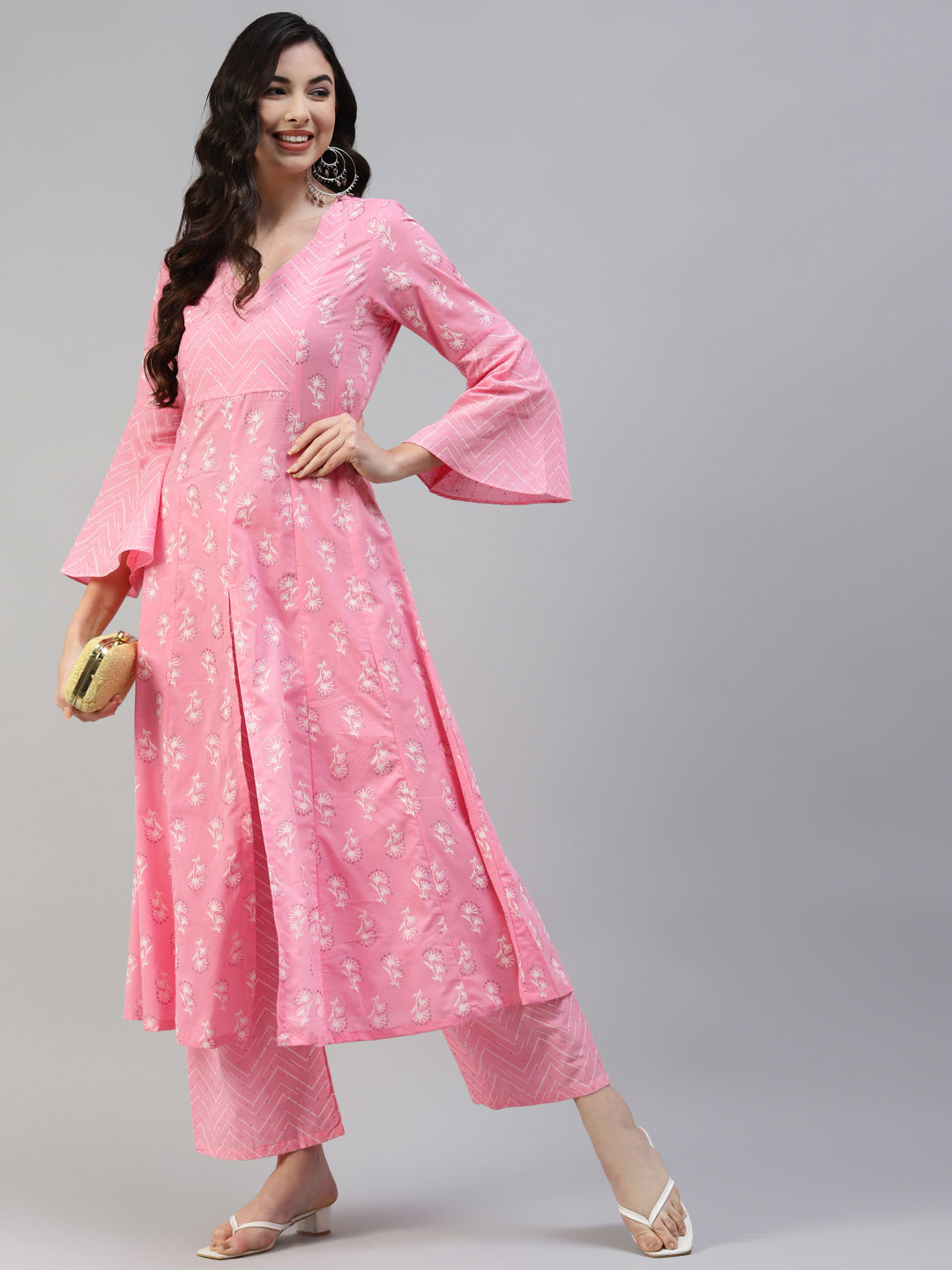 Women Pink Cotton Printed Anarkali Kurta with Palazzo WomensFashionFun.com