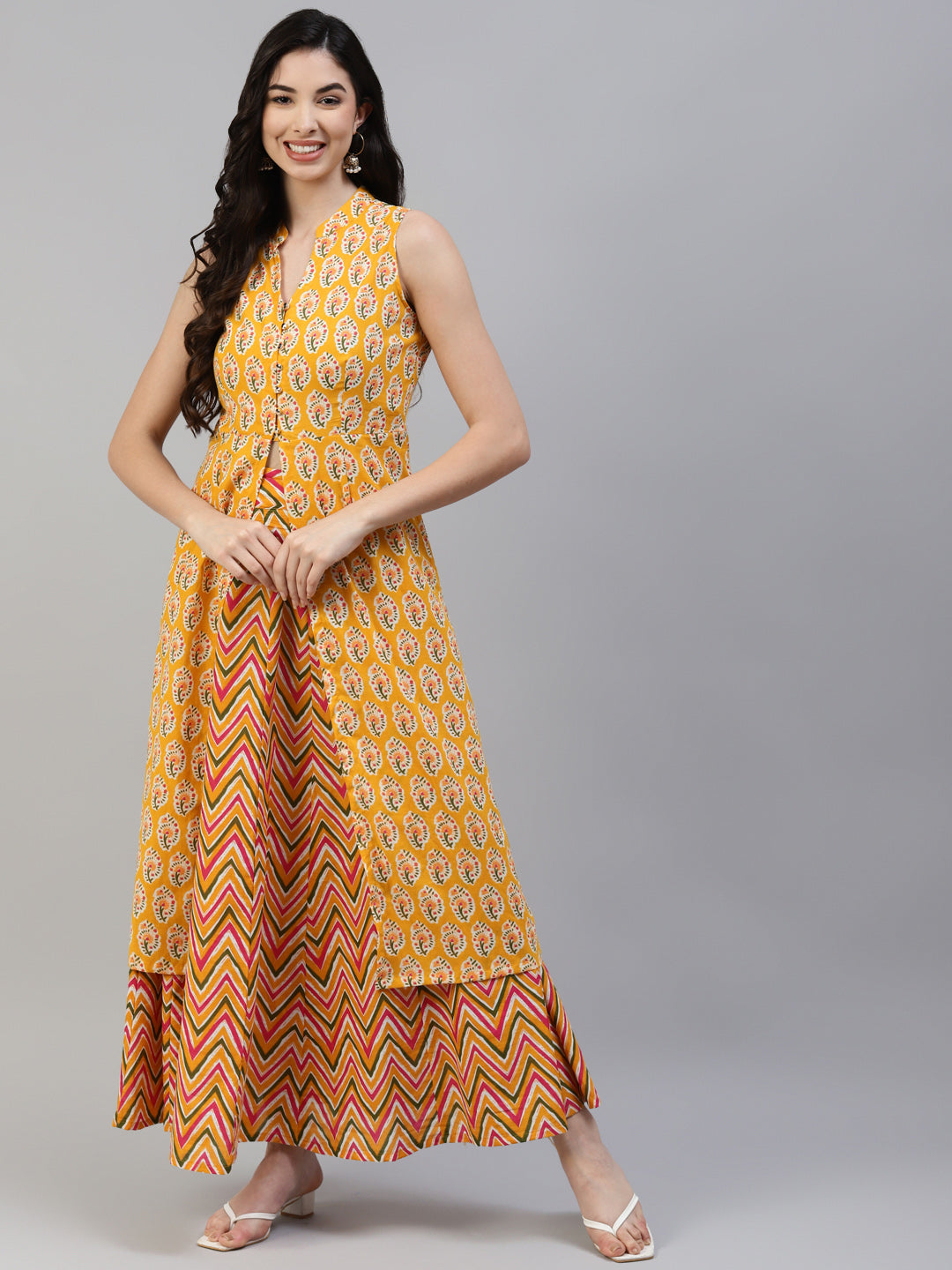 Women Yellow Printed High Slit Pure Cotton Sleeveless Kurta with Skirt WomensFashionFun.com