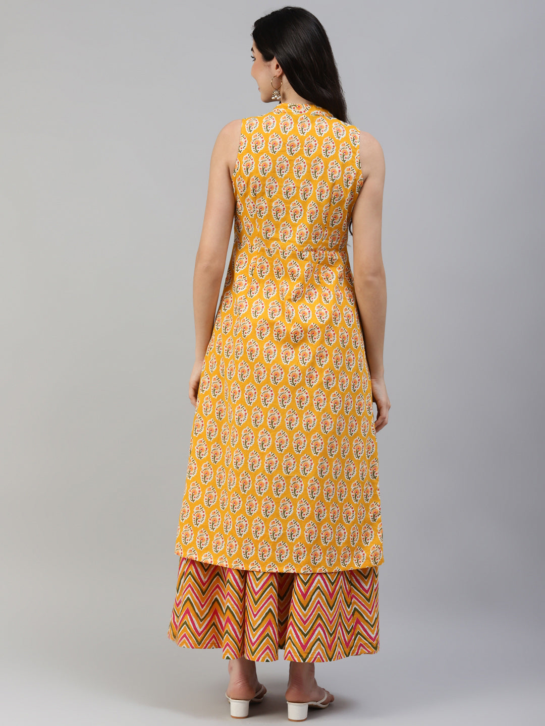 Women Yellow Printed High Slit Pure Cotton Sleeveless Kurta with Skirt WomensFashionFun.com