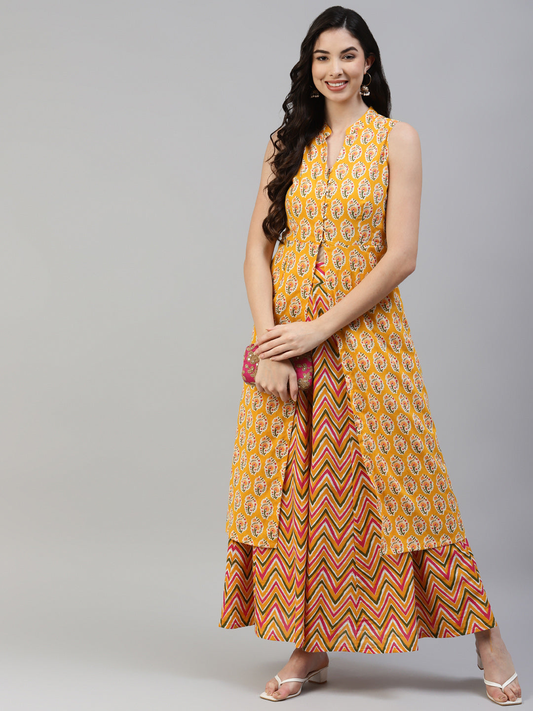 Women Yellow Printed High Slit Pure Cotton Sleeveless Kurta with Skirt WomensFashionFun.com