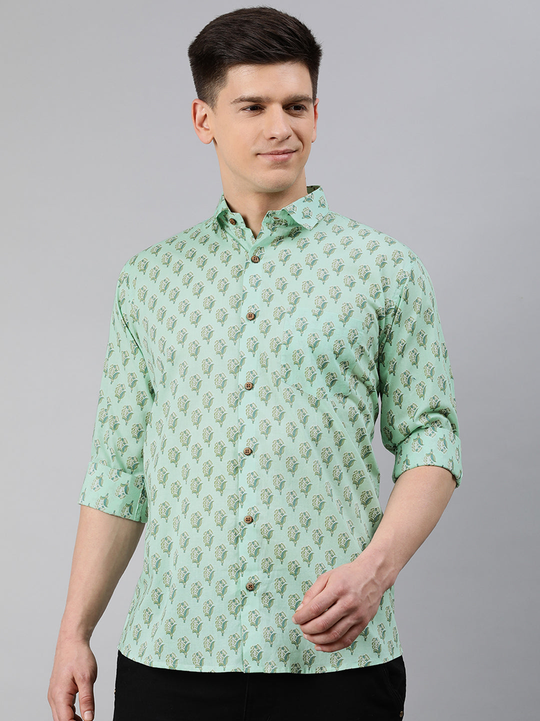 Sea Green Cotton Full Sleeves Shirts For Men