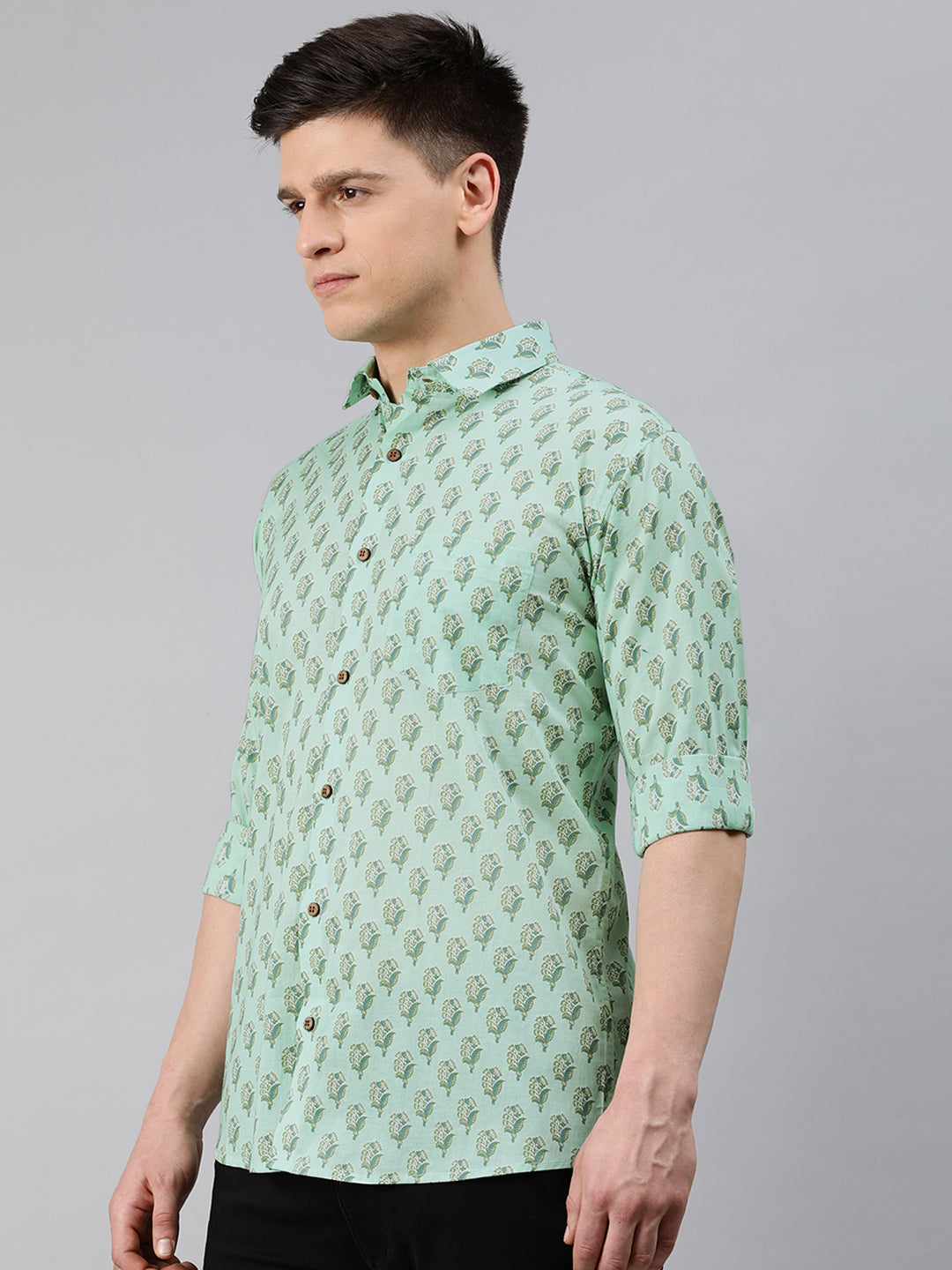 Sea Green Cotton Full Sleeves Shirts For Men