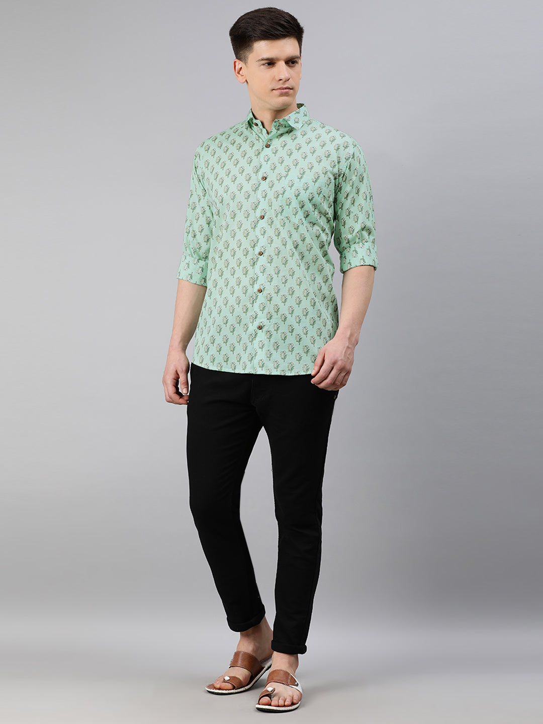 Sea Green Cotton Full Sleeves Shirts For Men