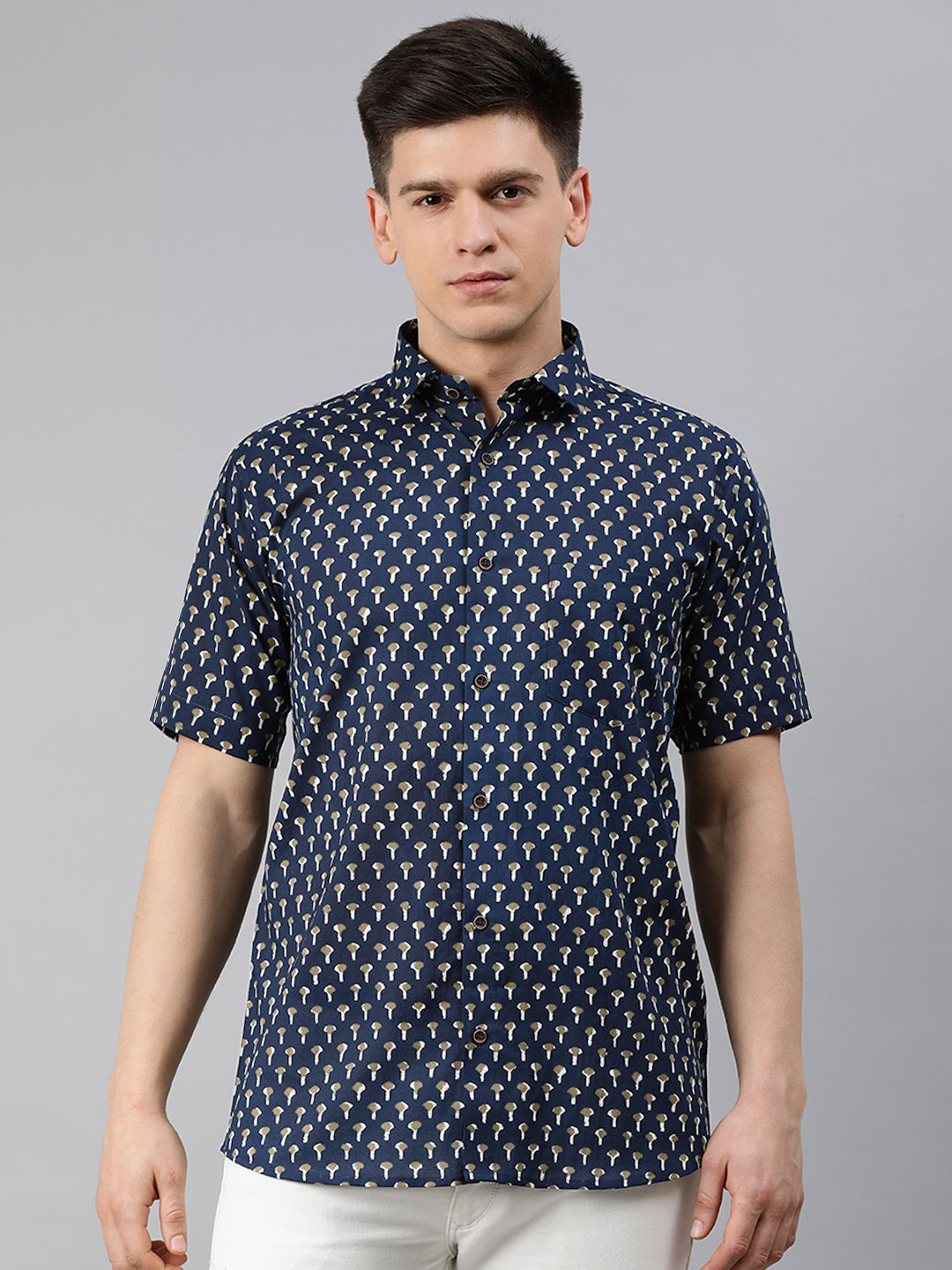 Nevy Blue Cotton Short Sleeves Shirts For Men
