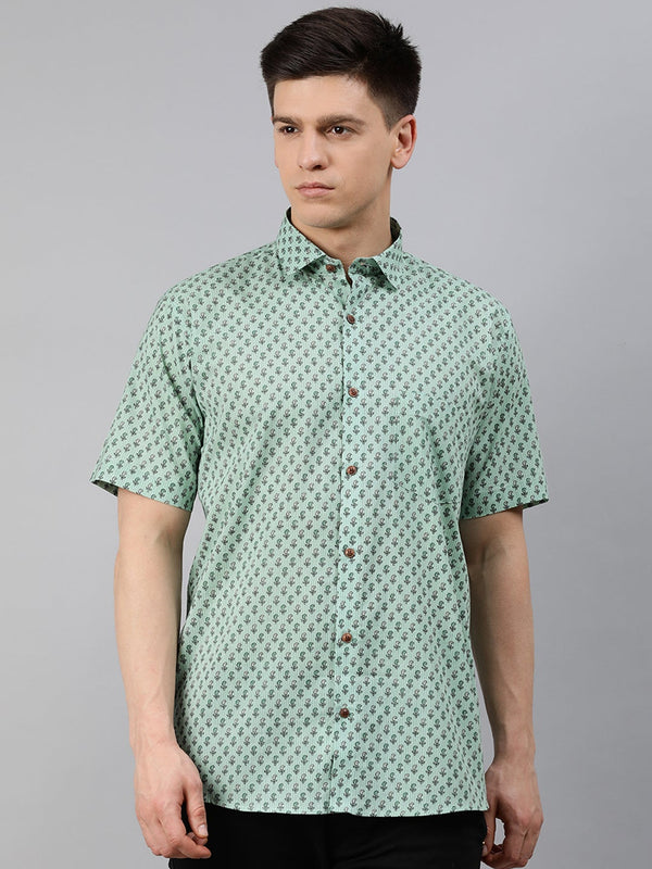 Sea Green  Cotton Short Sleeves Shirts For Men | WomensFashionFun