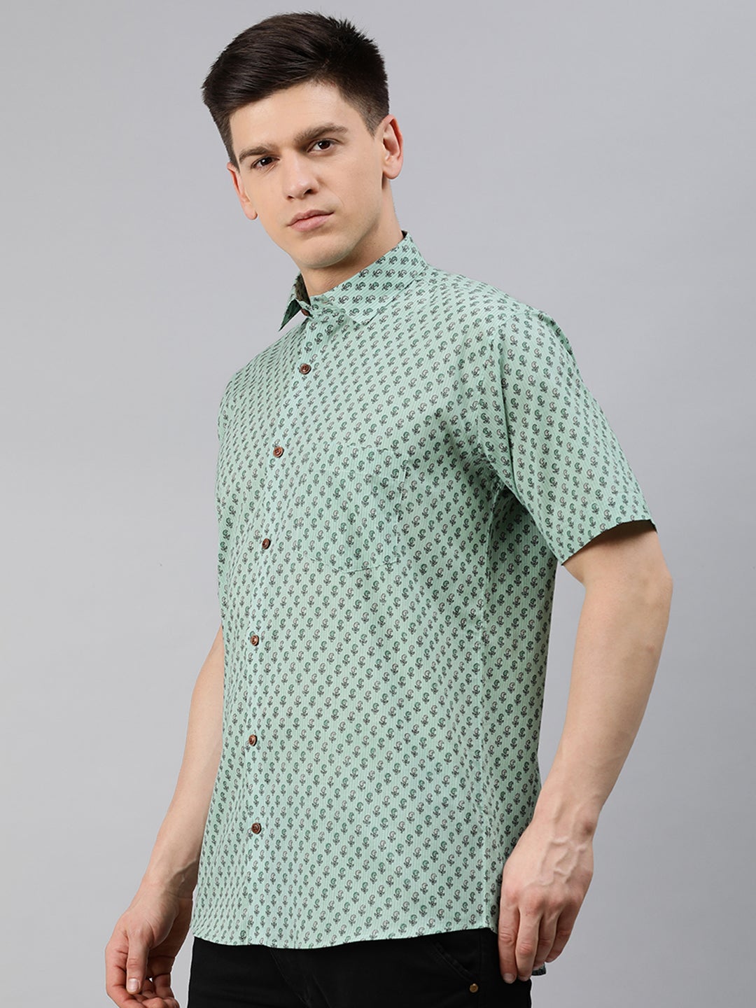 Sea Green  Cotton Short Sleeves Shirts For Men