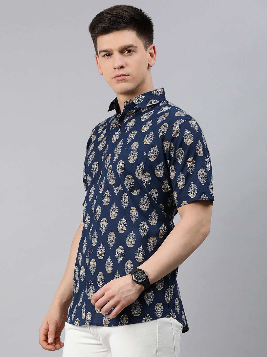 Nevy Blue Cotton Short Sleeves Shirts For Men