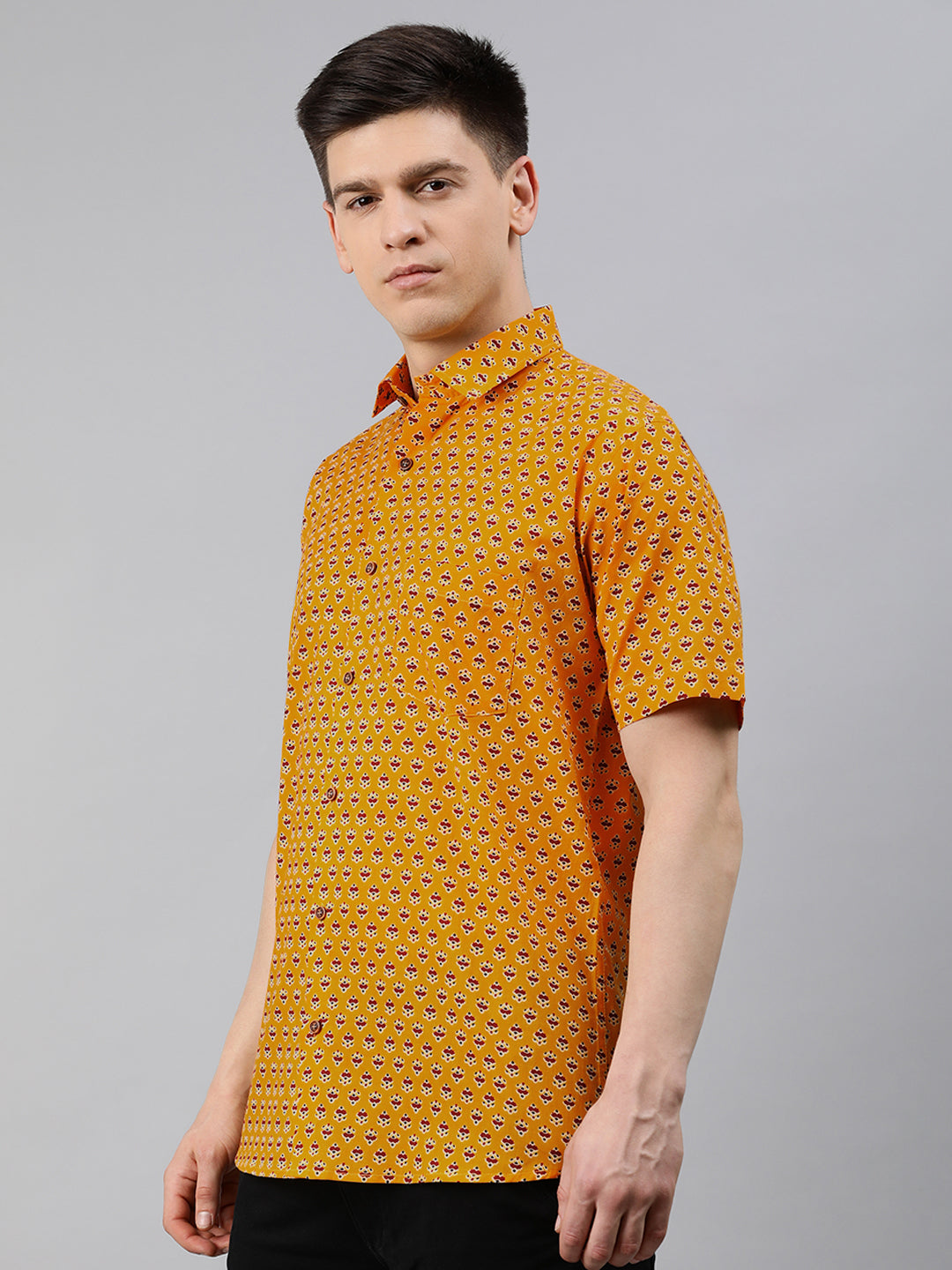 Mustard Cotton Short Sleeves Shirts For Men