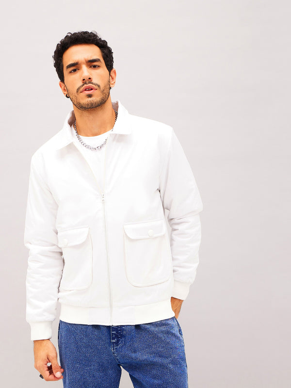 Men White Full Sleeve Front Pocket Jacket | WomensfashionFun.com