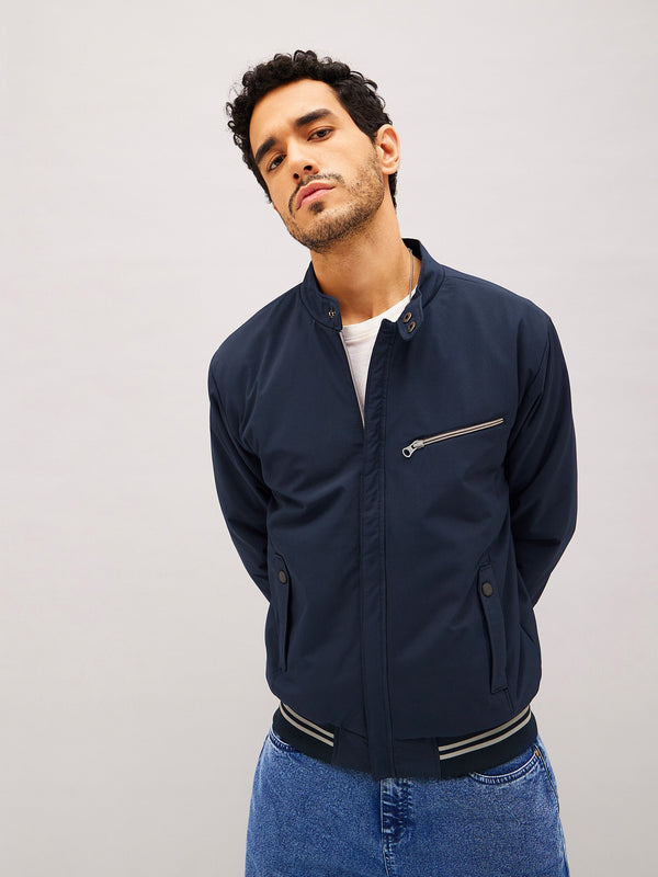 Men Navy Full Sleeve Front Zipper Jacket | WomensfashionFun.com