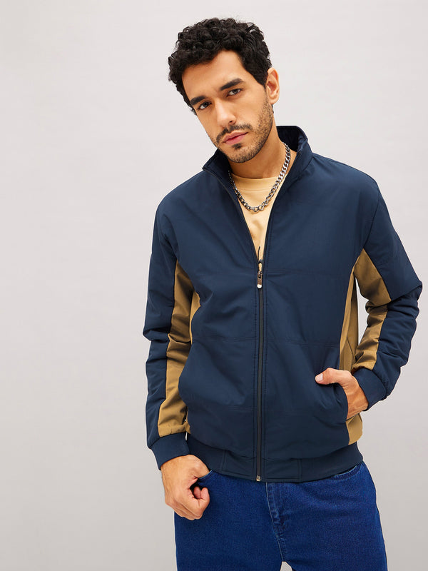 Men Navy & Khaki Color Block Biker Jacket | WomensfashionFun.com