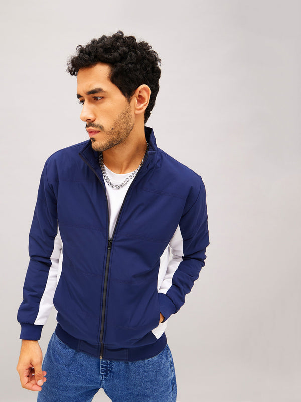 Men Navy & White Color Block Biker Jacket | WomensfashionFun.com