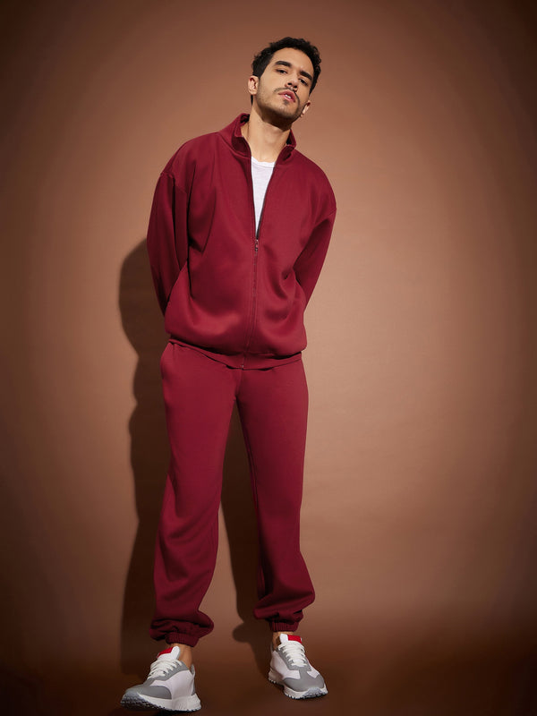 Men Maroon Front Zipper Oversized Sweatshirt With Joggers | WomensfashionFun.com