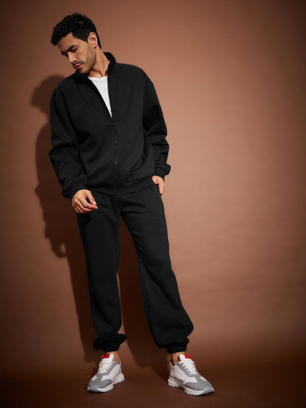 Men Black Front Zipper Oversized Sweatshirt With Joggers | WomensfashionFun.com