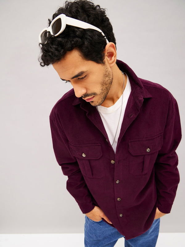 Men Maroon Corduroy Oversized Shacket | WomensfashionFun.com