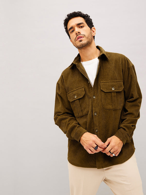 Men Brown Corduroy Oversized Shacket | WomensfashionFun.com