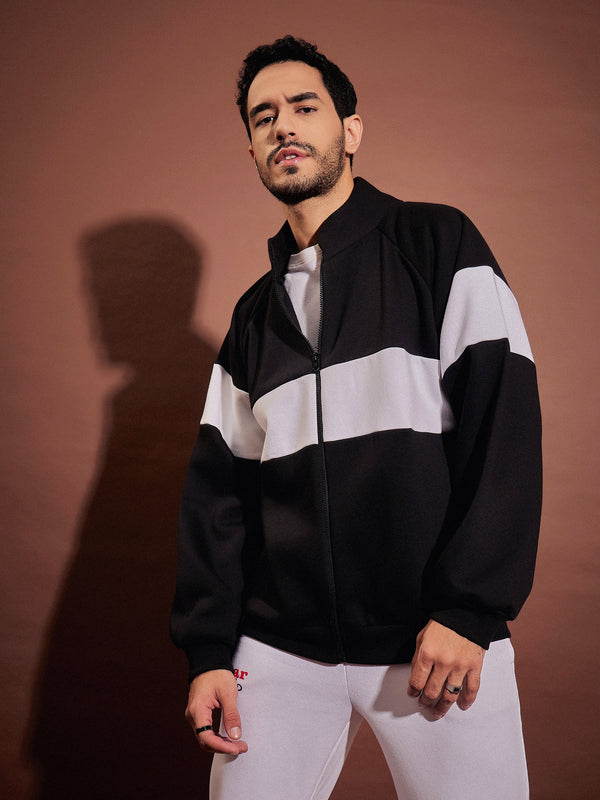 Men Black & White Colorblock Oversized Zipper Sweatshirt | WomensfashionFun.com