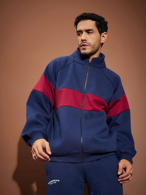 Men Navy & Maroon Colorblock Oversized Zipper Sweatshirt | WomensfashionFun.com