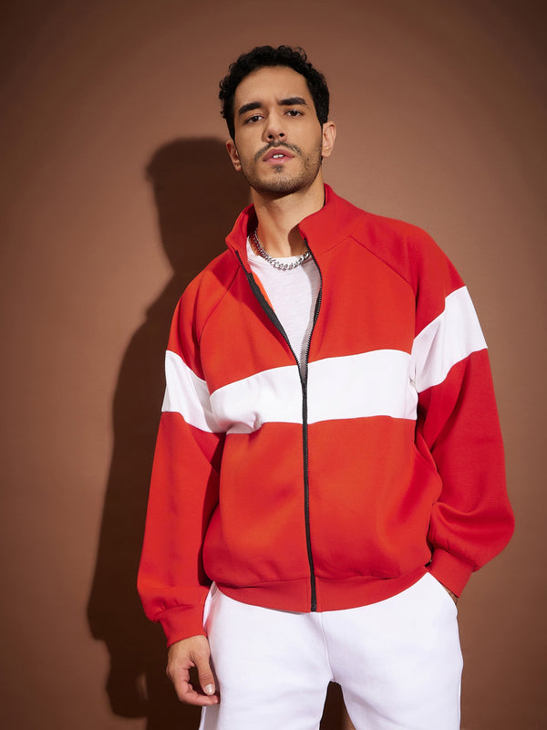 Men Red & White Colorblock Oversized Zipper Sweatshirt | WomensfashionFun.com