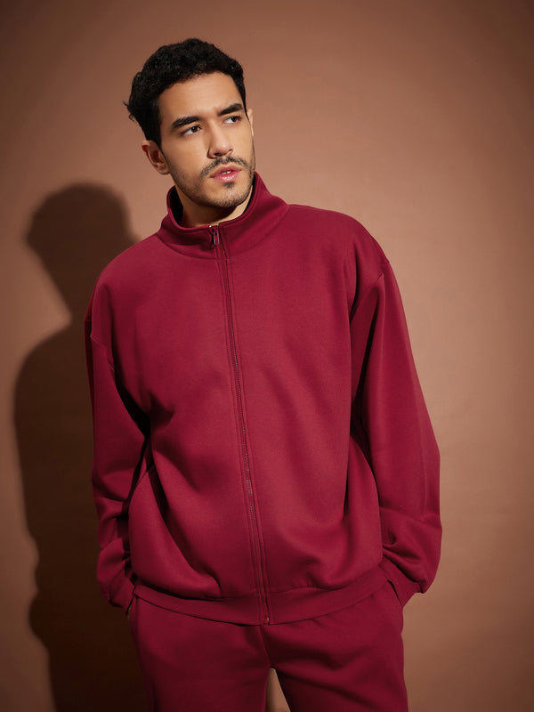 Men Maroon Front Zipper Oversized Sweatshirt | WomensfashionFun.com