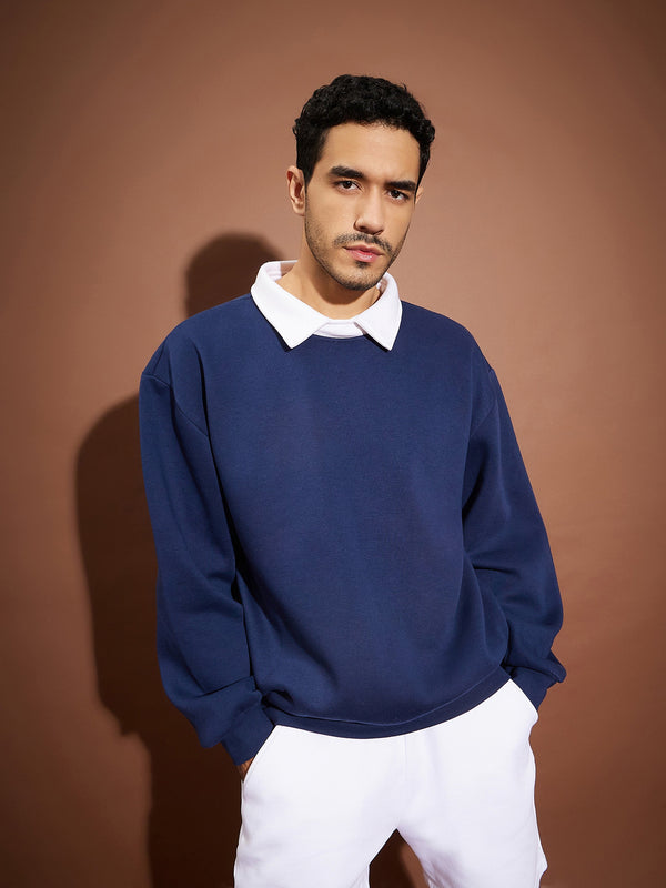 Men Navy Contrast Collar Oversized Sweatshirt | WomensfashionFun.com