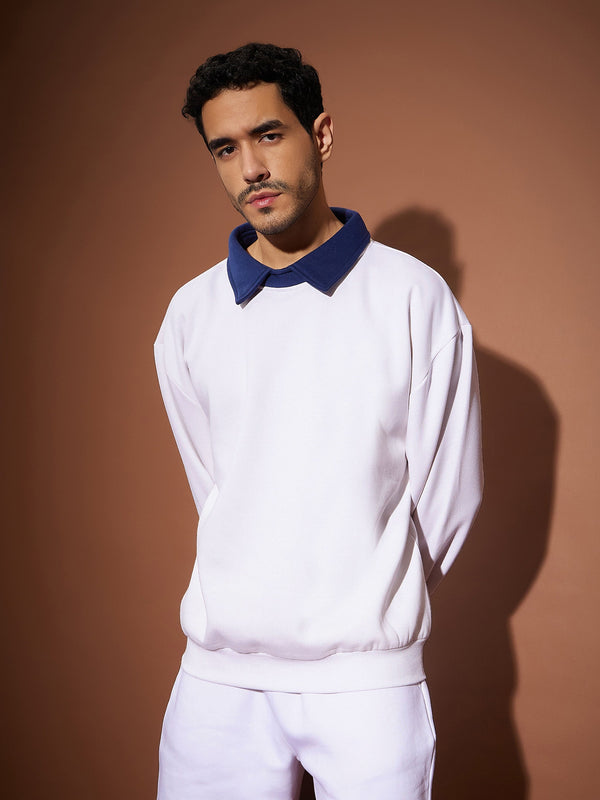 Men White Contrast Collar Oversized Sweatshirt | WomensfashionFun.com