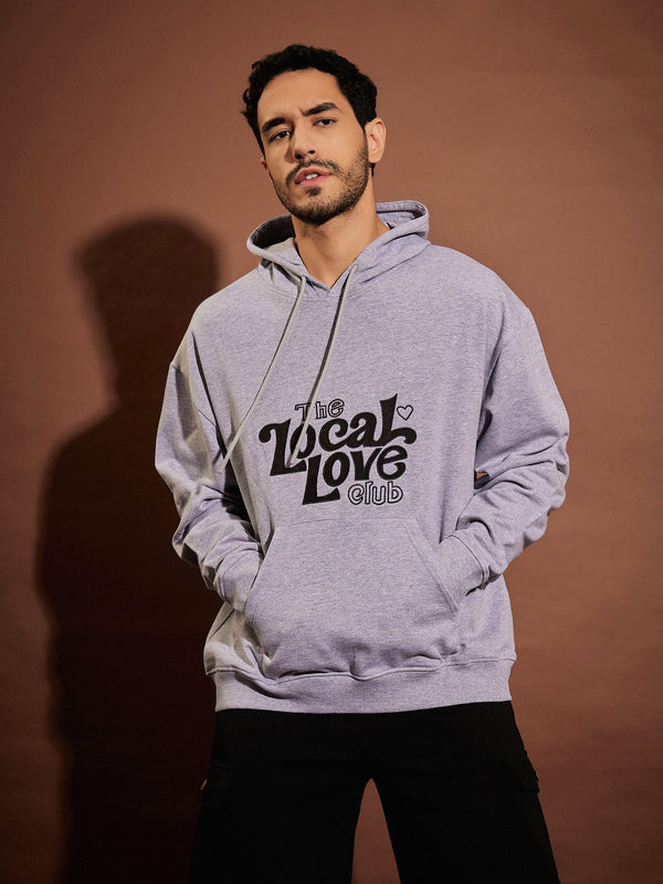 Men Grey Melange LOVE LOCALS Oversized Hoodie | WomensfashionFun.com