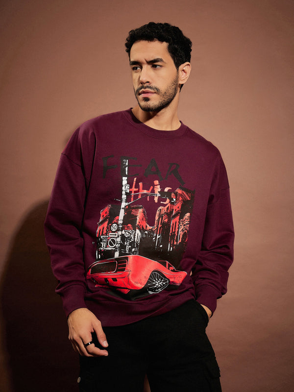 Men Maroon FEAR Oversized Sweatshirt | WomensfashionFun.com