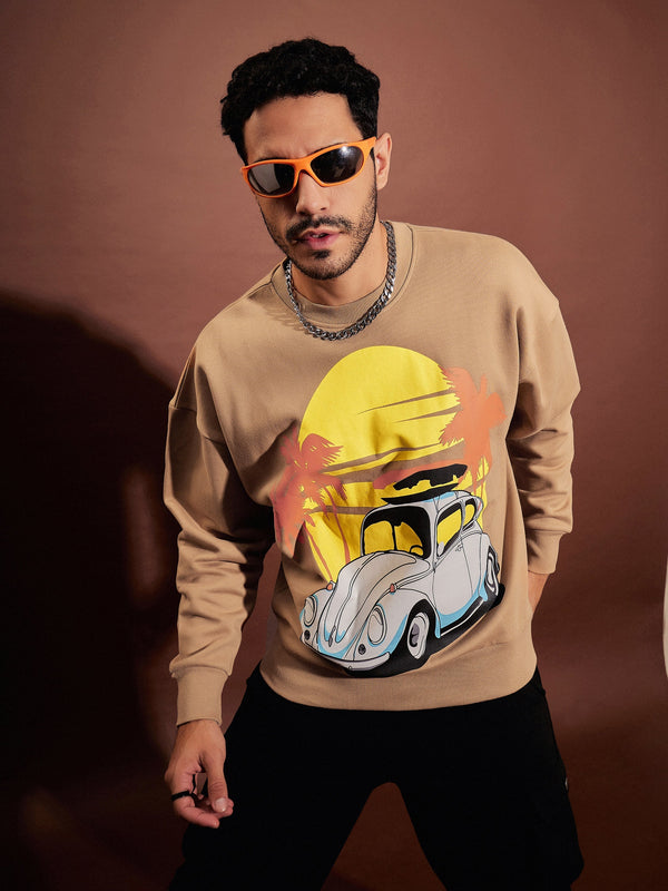 Men Beige CAR Oversized Sweatshirt | WomensfashionFun.com