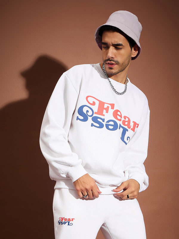 Men White FEAR LESS Oversized Sweatshirt | WomensfashionFun.com